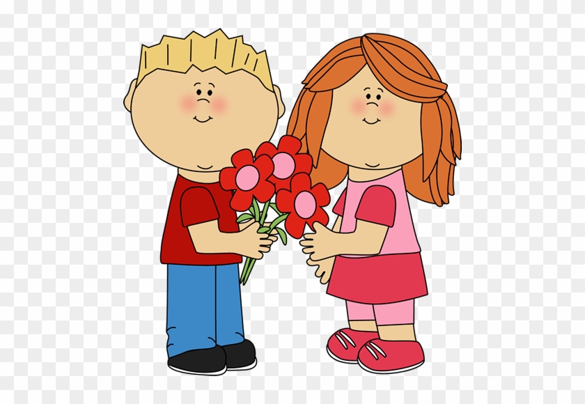 Kids With Valentine's Day Flowers Clip Art - Valentines Day Clipart For Kids #176261