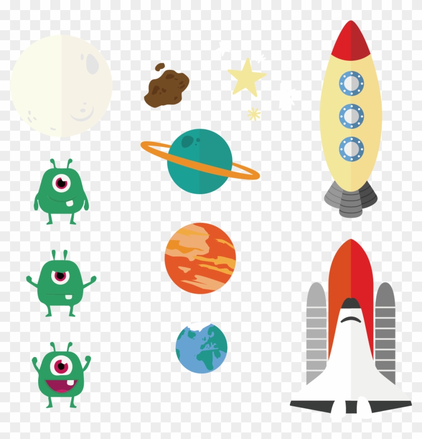 Vector Hand-drawn Cartoon Little Monster Planet Rocket - Planet Cartoon Vector #994982