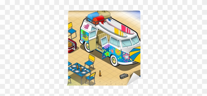Isometric Rainbow Van In Camping In Front View Wall - Illustration #996836