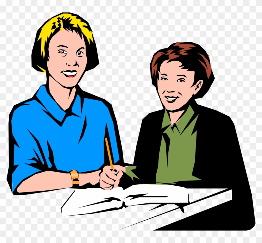 Vector Illustration Of Teacher And Student Review Homework - Cartoon #998304