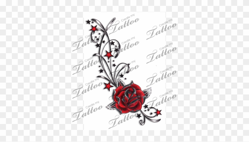 Marketplace Tattoo Red Rose, Stars & Swirls Tattoo - 3 Name Tattoo Ideas #1001161