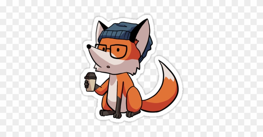 Cute Fox With Its Glasses And Coffee - Stickers Hipsters #1004484