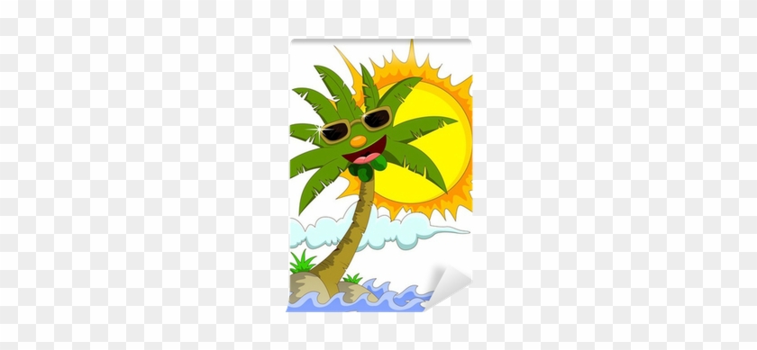 Tropical Island With Cartoon Palm Tree And Sun Wall - Palm Tree And Sun #1006160