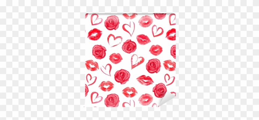 Seamless Pattern With Roses, Hearts And Trace Lips - Kisses And Hearts #1009869
