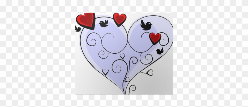 Üç Kırmızı Kalpler Ve Dört Kuşlar Ile Romantik Mavi - Heart #1012719