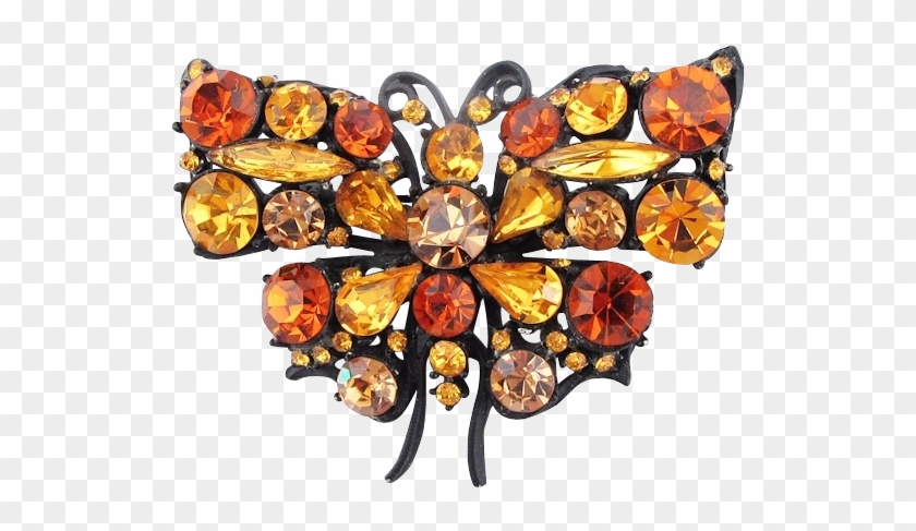 Vibrant Orange And Black Vintage Japanned Crystal Butterfly - Brooch #1014691