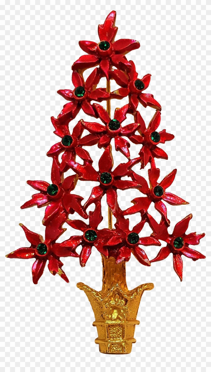 Mylu Red Poinsettia Christmas Tree Pin Rhinestone - Mylu Red Poinsettia Christmas Tree Pin Rhinestone #1020058
