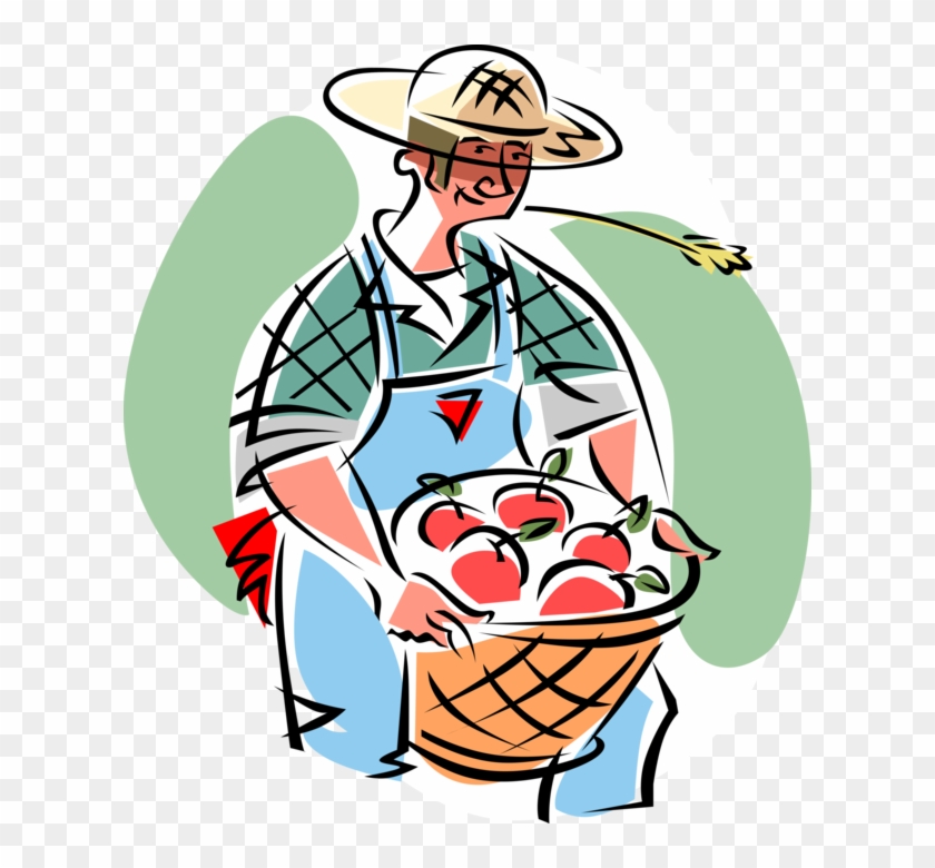 Vector Illustration Of Farmer With Apple Orchard Harvest - Clip Art #1021924
