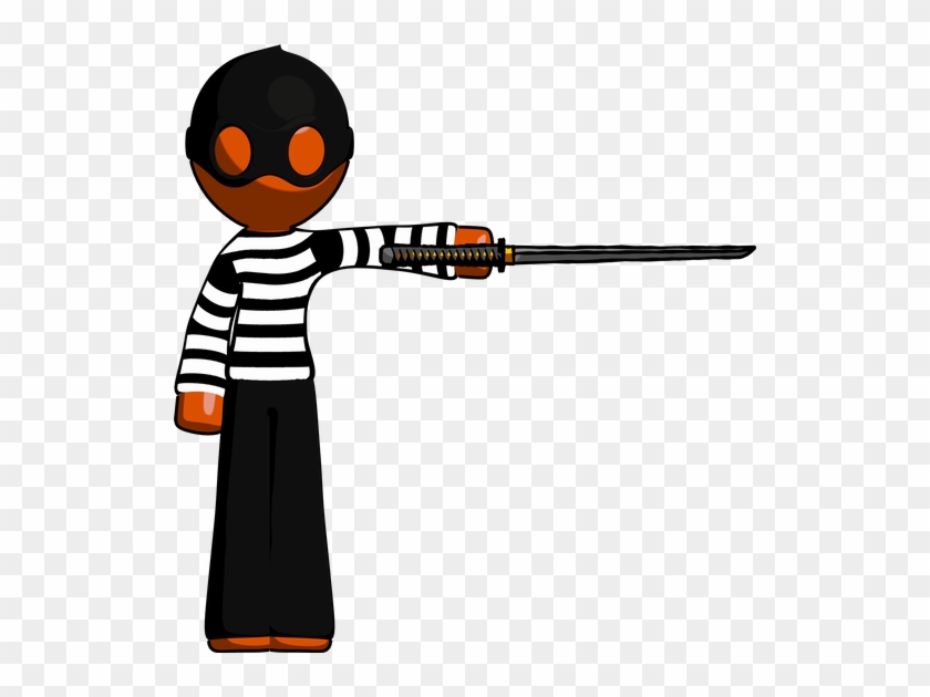 Orange Thief Man Standing With Ninja Sword Katana Pointing - Shrug #1024807