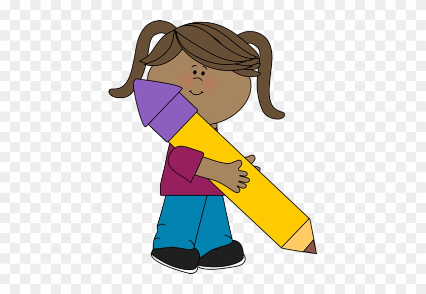 Girl Holding A Big Yellow Pencil Clip Art - Girl Holding Pencil Clipart #179148