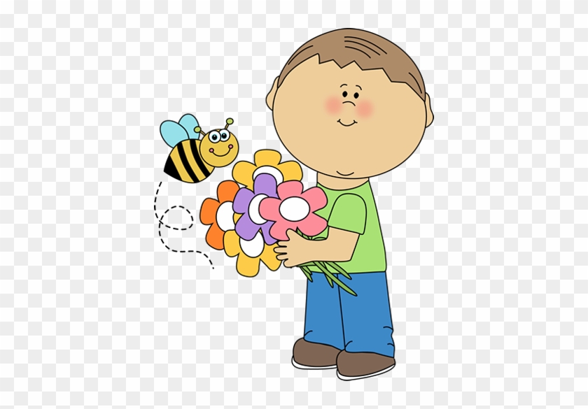 Boy With Flowers And Bee Spring Clip Art Kids Truly - Spring Clipart Kids #182186