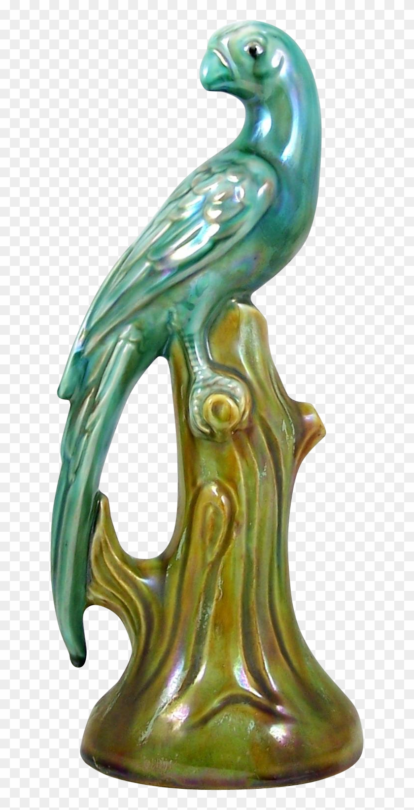 Art Pottery Parrot Bird Figurine On Tree Trunk Blue - Figurine #1028230