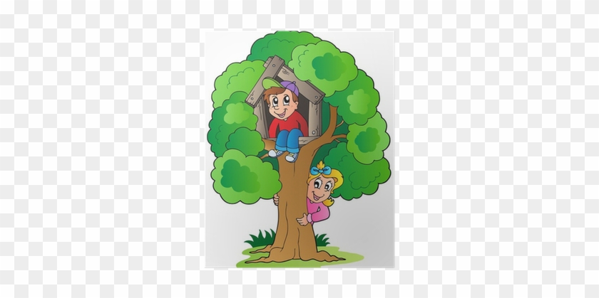 Poster Arbre Avec Deux Enfants De Dessin Animé • Pixers® - Garden Pictures To Draw #1028435