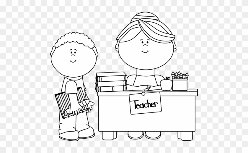 Black And White Boy Student At Teacher's Desk - Teacher Clipart Black And White #1031653