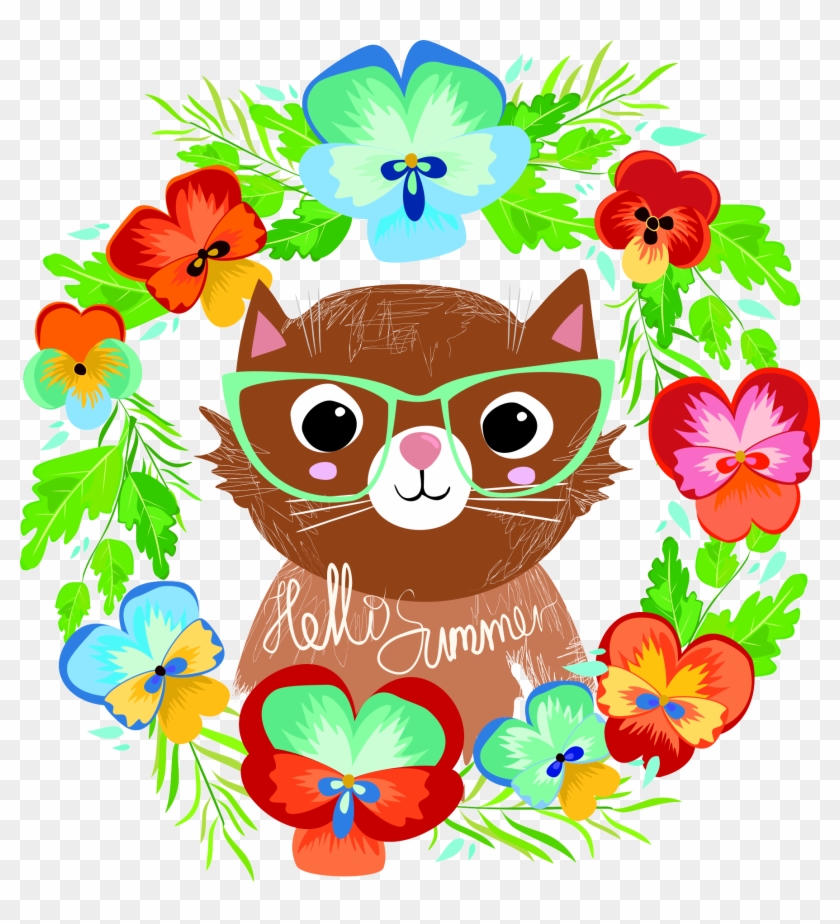 Cat Kitten Floral Design Illustration - Cat Flowers Vector #1039116