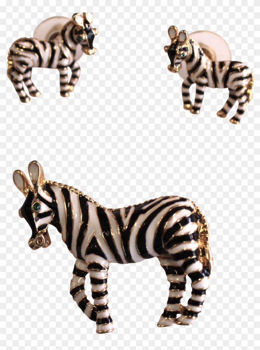 Vintage Enamel Zebra Pin And Matching Pierced Earring - Zebra #1039473