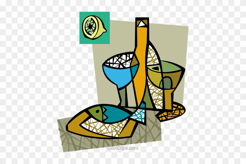 Seafood Dinner With Wine And Lemon Royalty Free Vector - Seafood Dinner With Wine And Lemon Royalty Free Vector #1040376