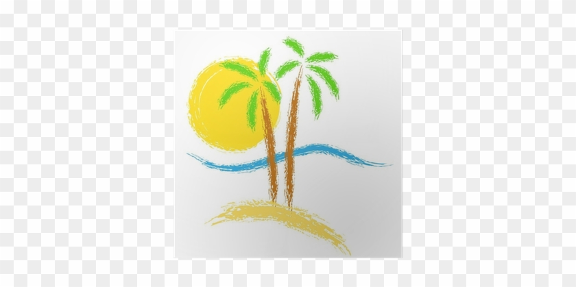 Póster Palmeras Tropicales En La Isla Con El Mar - Vector Graphics #1045034