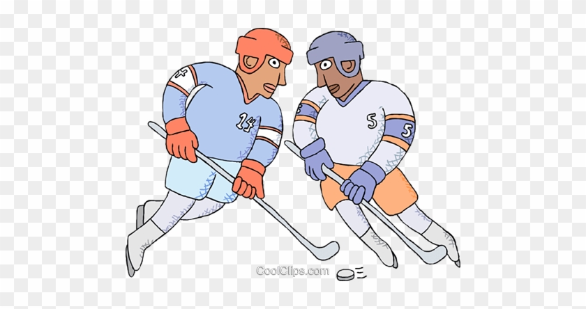 Hockey Players Fighting For The Puck Royalty Free Vector - Cartoon #1046526