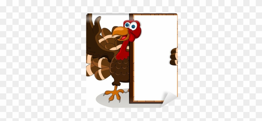 Happy Turkey Cartoon With Blank Board Wall Mural • - Drawing #1050292