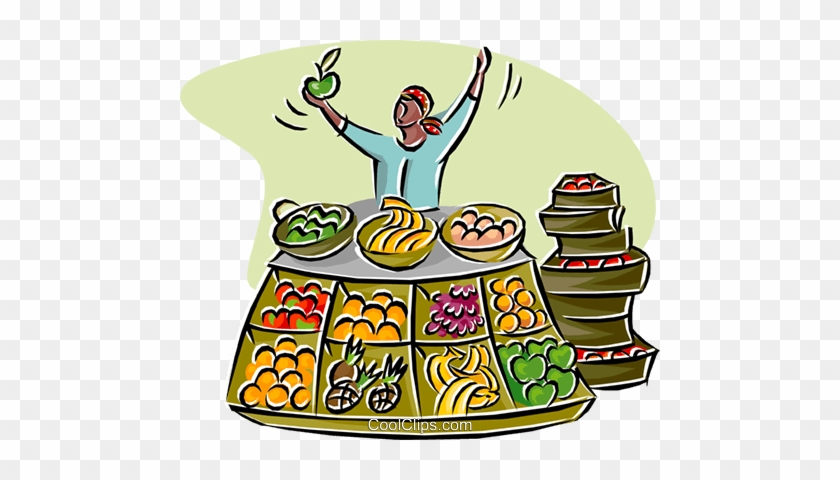 Merchant Selling Fruits And Vegetables Royalty Free - Market Economics Clipart #1051571