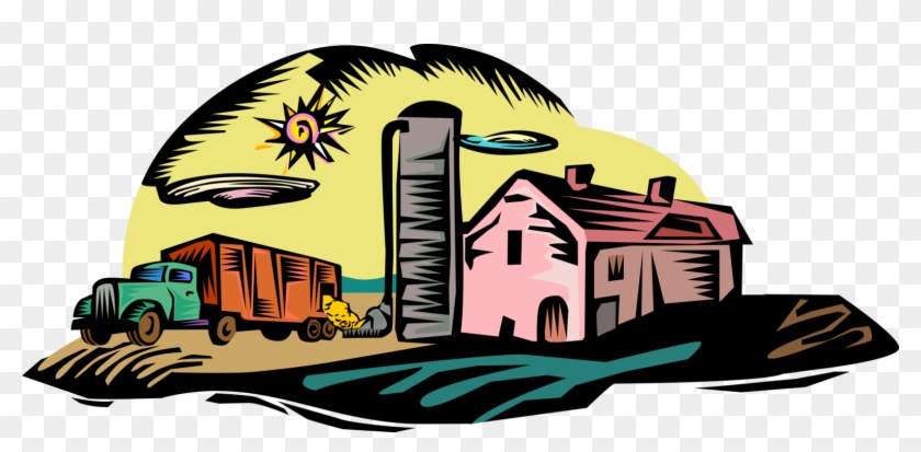 Vector Illustration Of Farm Vehicle Unloading Grain - Illustration #1051798