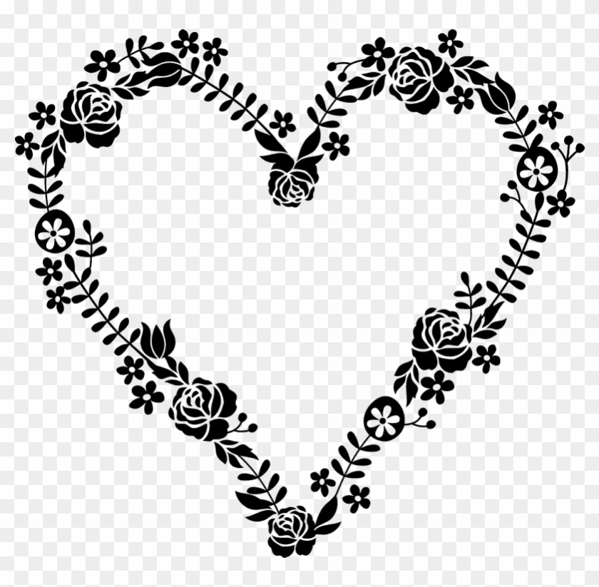 Floral Heart Rubber Stamp - Black And White Floral Wreath Png #1052193