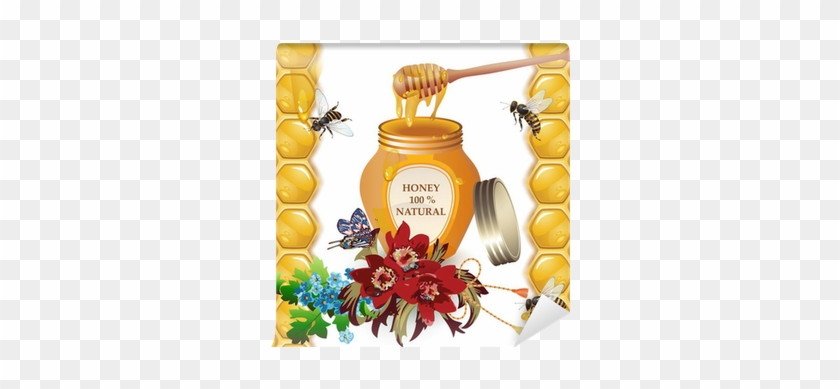 Jar Of Honey With Wooden Dipper, Bees, Cornflowers - Honey #1053945