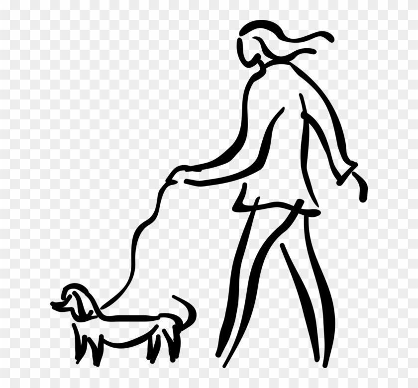 Vector Illustration Of Dog Owner Walks Family Pet Dog - Person Walking Dog Line Drawing #1055359
