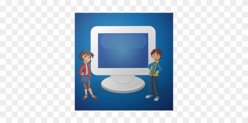 Cartoon Teenager Couple And Computer Screen With Empty - Cartoon #1057742