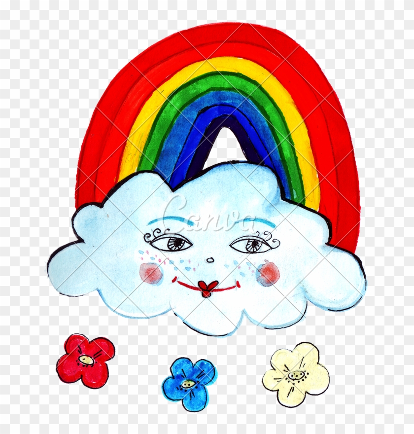 Hand Drawing Of Colorful Watercolor Rainbow And Clouds - Drawing #1061796