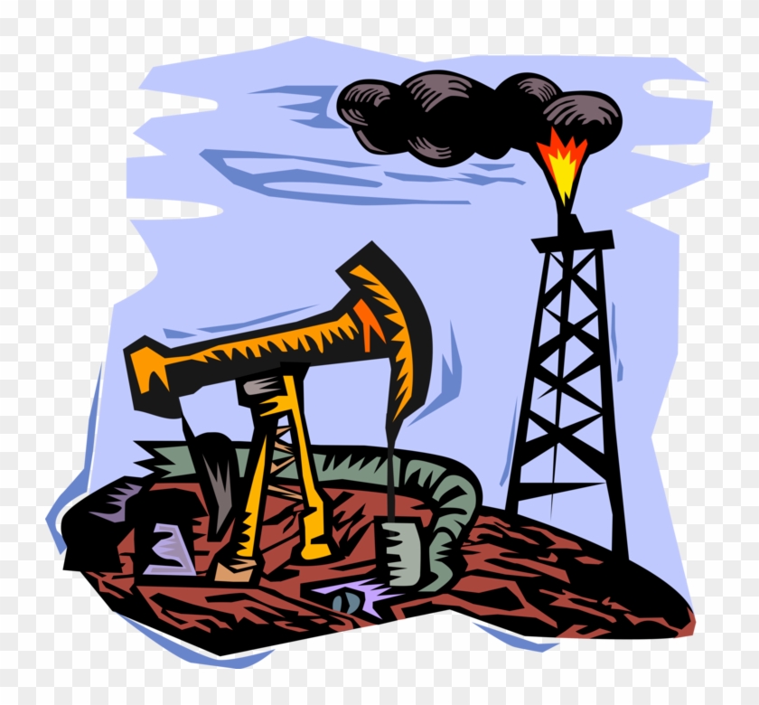 Vector Illustration Of Oil Drilling Derrick And Oil - Oil Drilling #1063603