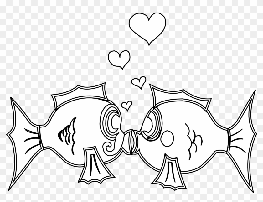 Fish In Love Black White Line Art Coloring Book Colouring - Love Clip Art Black And White #1063766