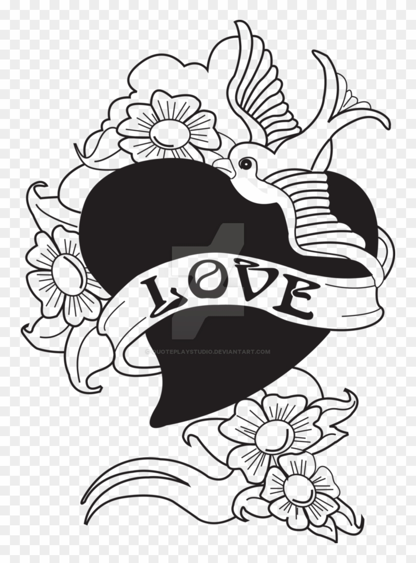 Old School Tattoo Bird Swallow With Love Heart By Quoteplaystudio - Bird Drawing Love Heart #184148