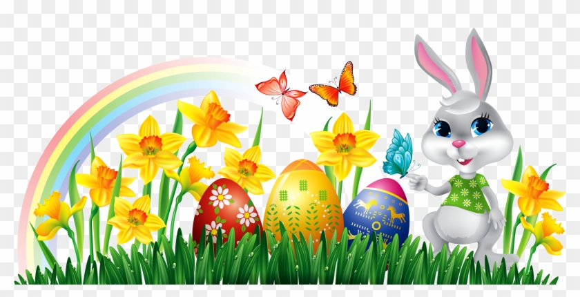 Easter Bunny With Daffodils Eggs And Grass Decor Png - Easter Bunny With Eggs Clipart #1071937