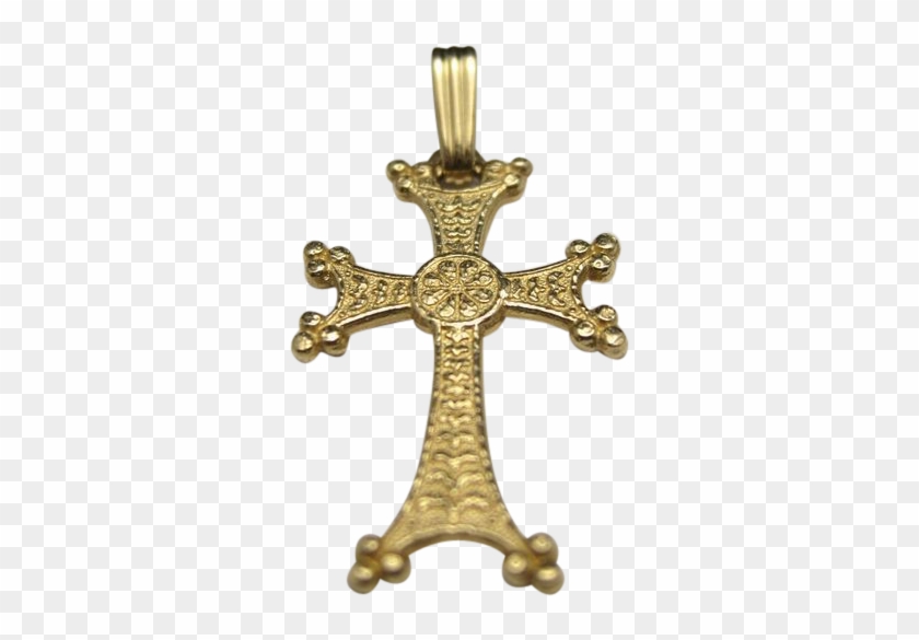 Armenian Cross Pendant 14 Karat Yellow Gold Khachkar - Crucifixo Gotico Png #1073589