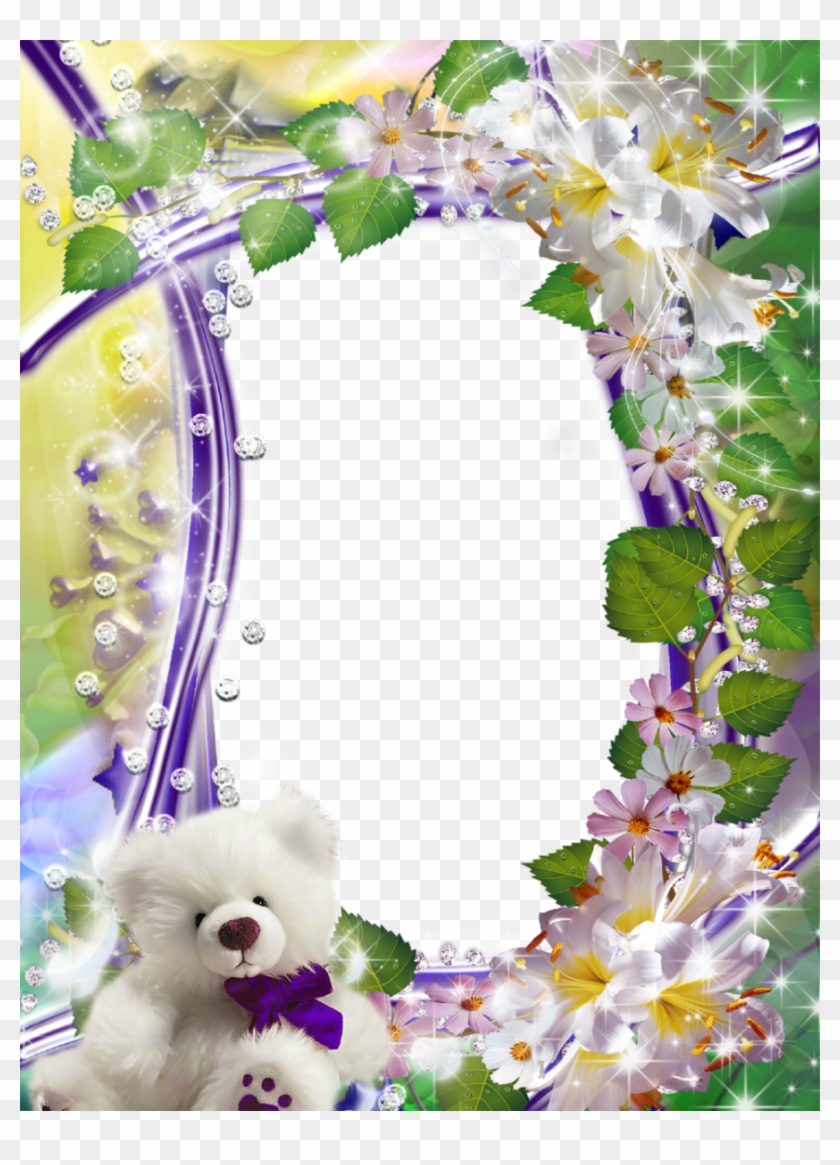 Cute Flower Picture Frame With Fluffy White Teddy - White Teddy Bear With Roses #1073638