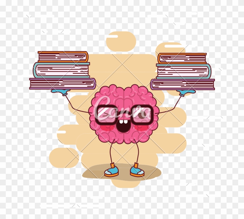Brain Cartoon With Glasses And Books - Cerebro Dibujo Animado #1079533