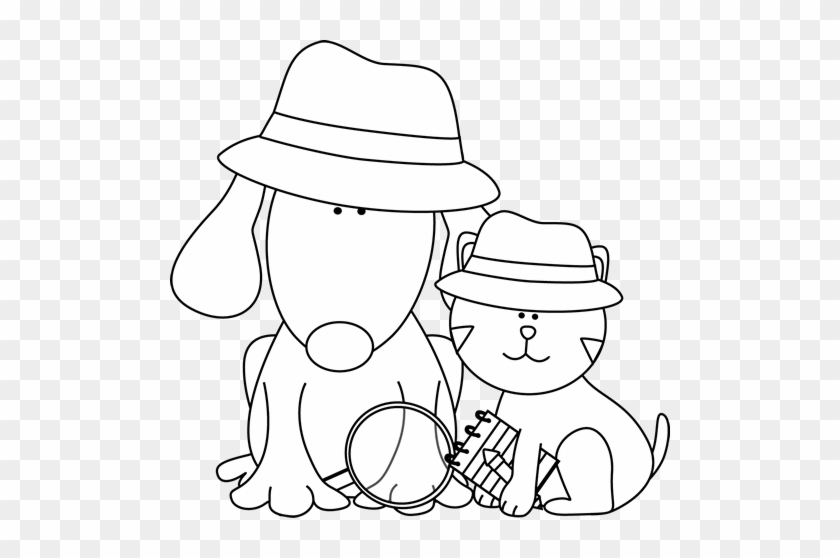 Black And White Detective Dog And Cat - Black And White Detective Clipart #1084474