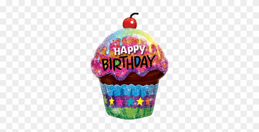 35" Holograph Birthday Dazzling Cupcake Foil Balloon - Happy Birthday Balloon Bouquet #1084896