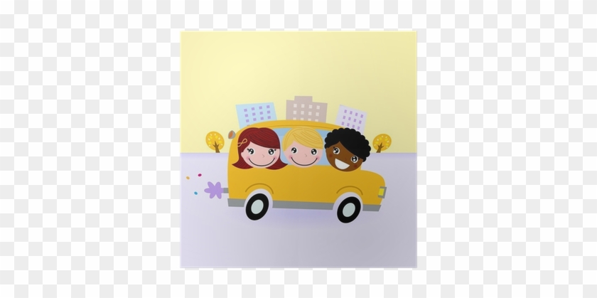 School Bus With Kids Driving Through Town Poster • - Niño Viajando En Bus Dibujo #1086276