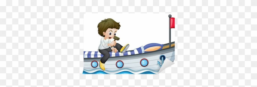 A Boy Riding In A Boat With A Red Flag Wall Mural • - Boat #1089755