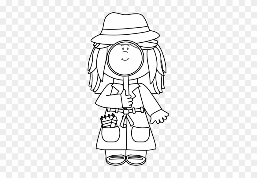 Black And White Girl Detective With Magnifying Glass - Detectives Clipart Black And White #1090225