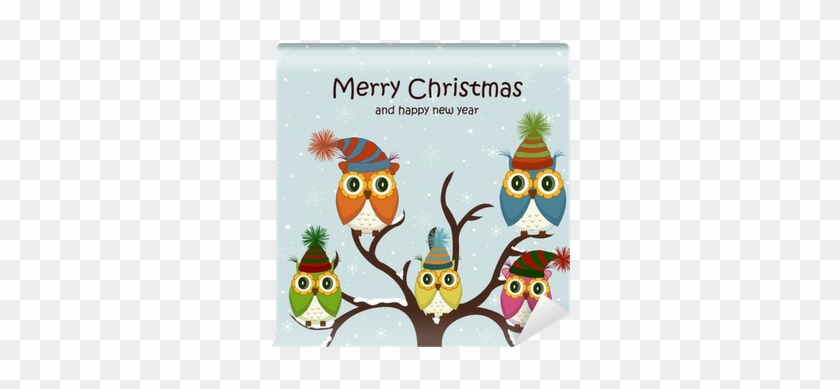 Christmas Card With Owls On The Tree Wall Mural • Pixers® - Clip Art #1091608