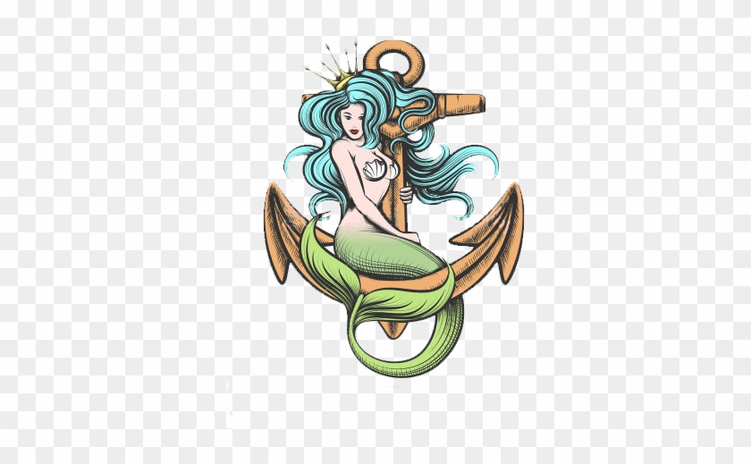 Beauty Blue Haired Siren Mermaid With Golden Crown - Vector Mermaid Tattoo #1093788