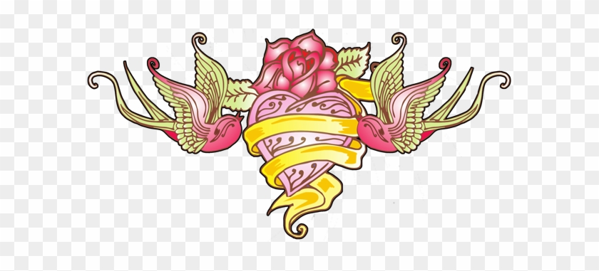 Flying Swallows And Pink Heart With Banner Tattoo Design - Flying Swallows And Pink Heart With Banner Tattoo Design #1093820