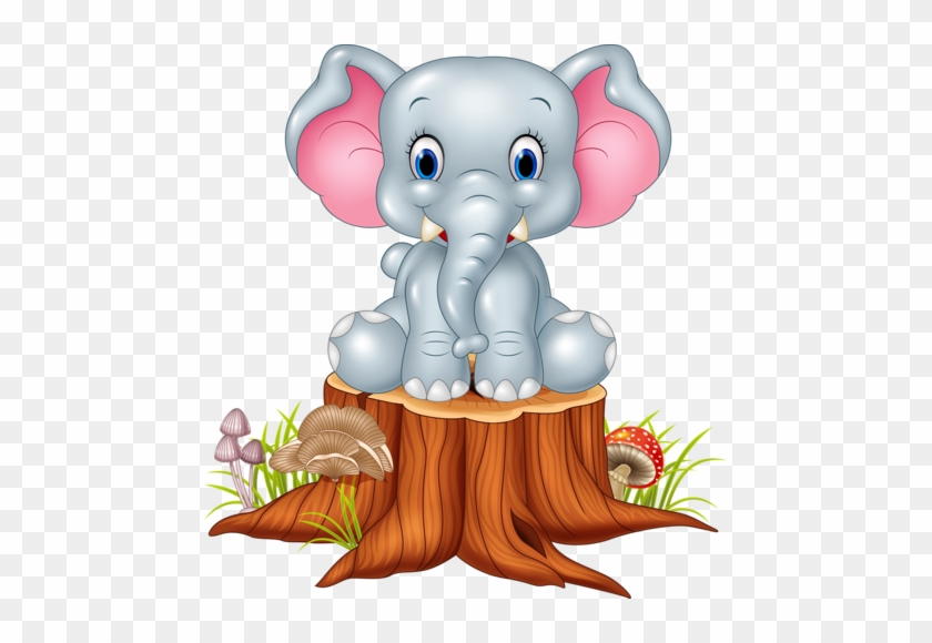 Cute Elephant With Tree Stump Vector - Cute Baby Elephant Cartoon #1097280