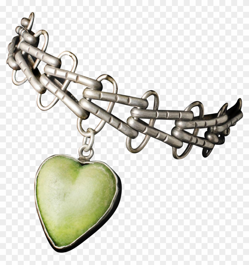 Gorgeous Mexican Deco Silver And Carved Stone Heart - Chain #1098202