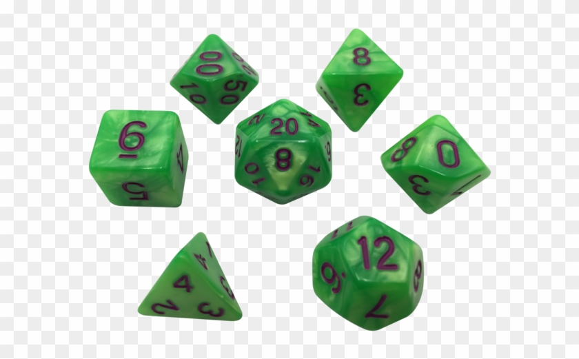 Set Of 7 Light Green With Dark Purple Numbering Polyhedral - Dungeons & Dragons #1102388
