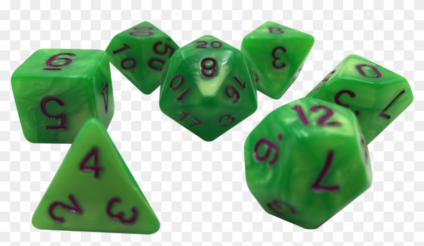Set Of 7 Light Green With Dark Purple Numbering Polyhedral - Dice Game #1102446